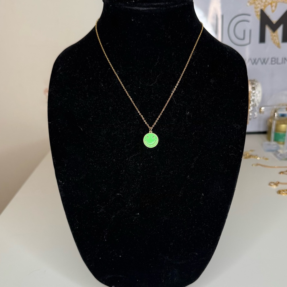 Gold Necklace with Green Smiley Pendant